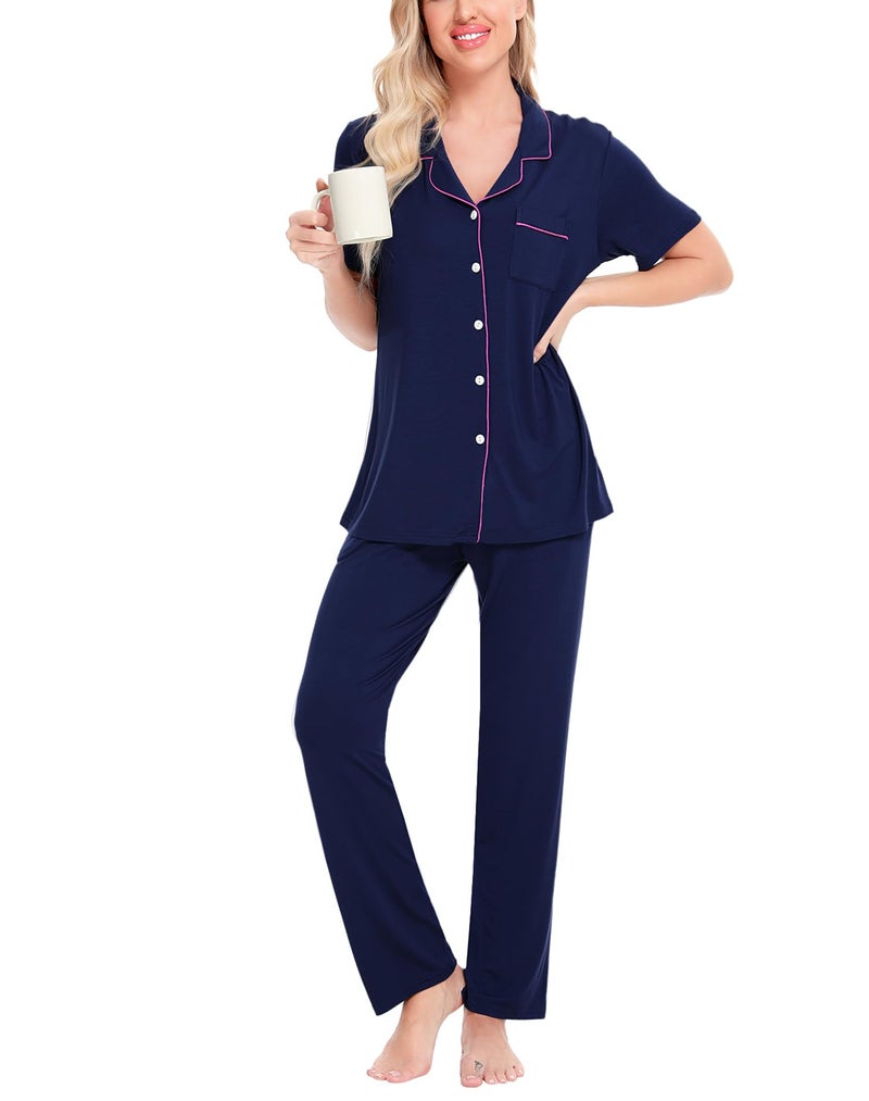 SWOMOG Women Pajama Sets Two-Piece Nightwear Short Sleeve Sleepwear Button Down Pj Lounge Sets with Long Pants Navy Blue - Image 2